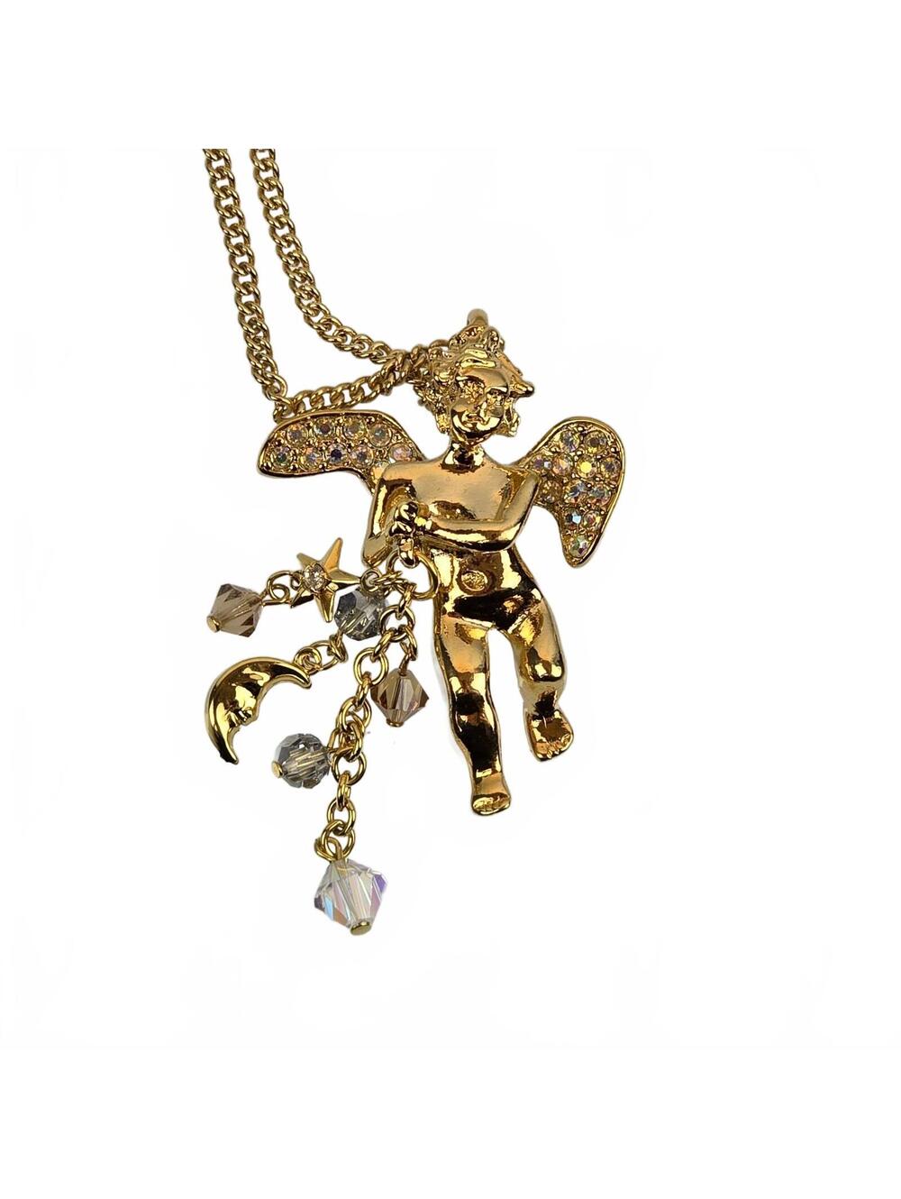 KIRKS FOLLY ANGEL CHERUB W/CRYSTAL DANGLE MOON STAR PENDANT NECKLACE IN ORIG BOX